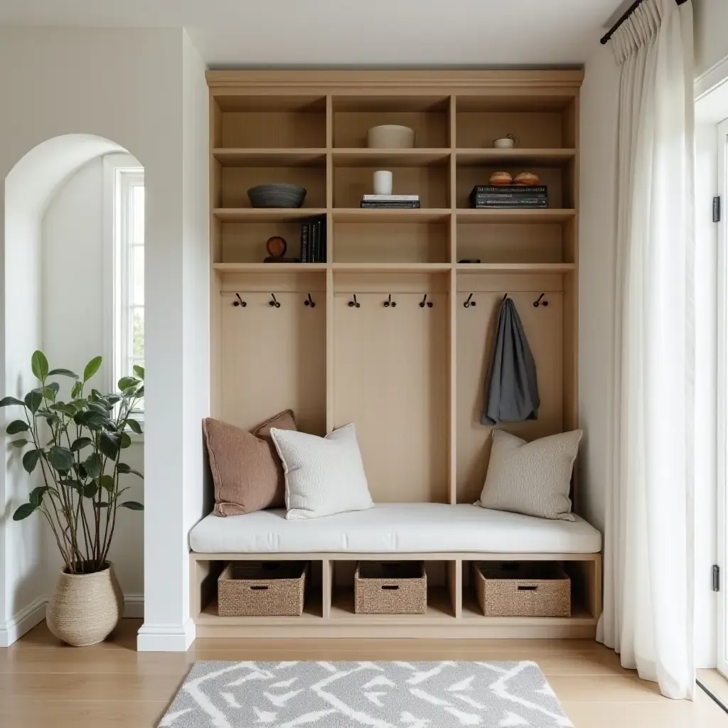 a photo of a bench with cushions and a bookshelf integrated into the design in a family entryway