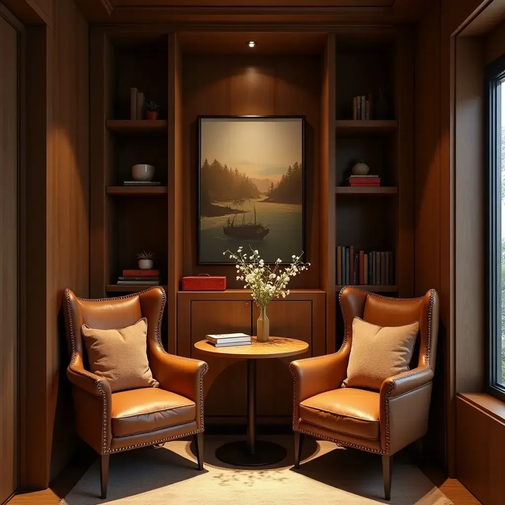 a photo of a cozy reading nook with leather and wood elements