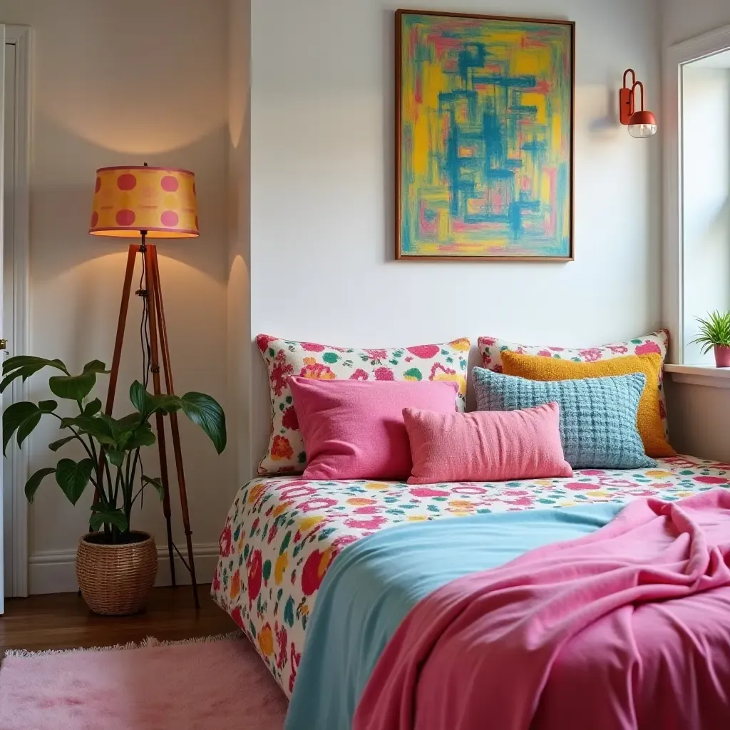 a photo of a colorful teen room with throw pillows creating a lively atmosphere