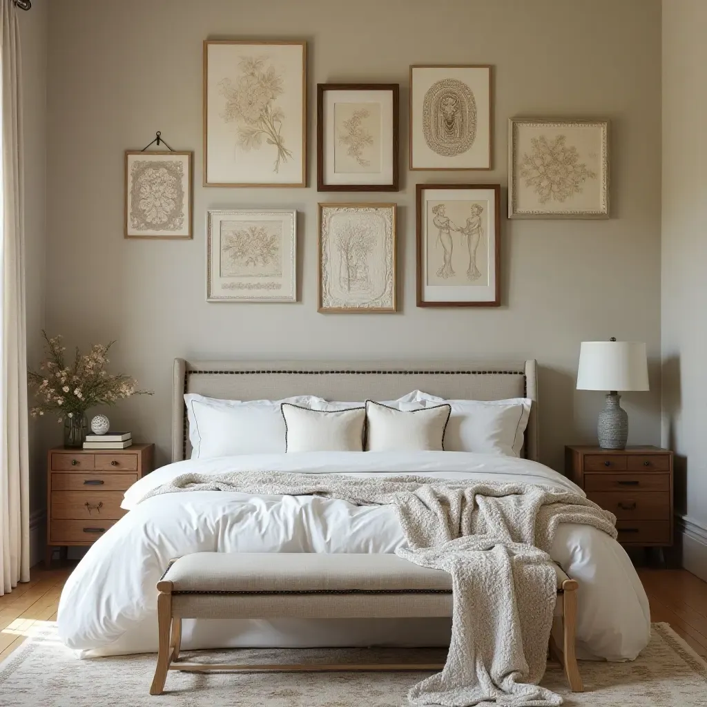 a photo of a vintage chic bedroom featuring a gallery wall of lace and fabric art