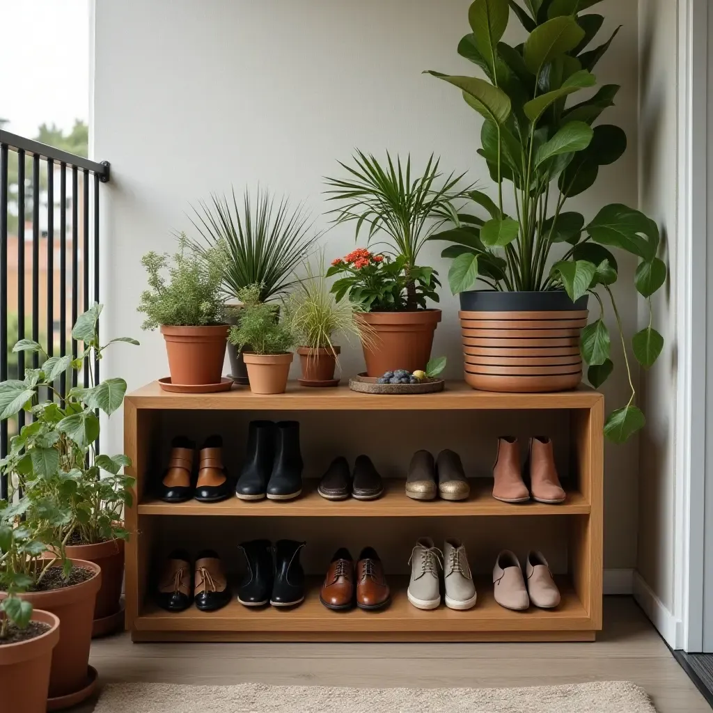 a photo of a balcony with a creative shoe storage solution and plants