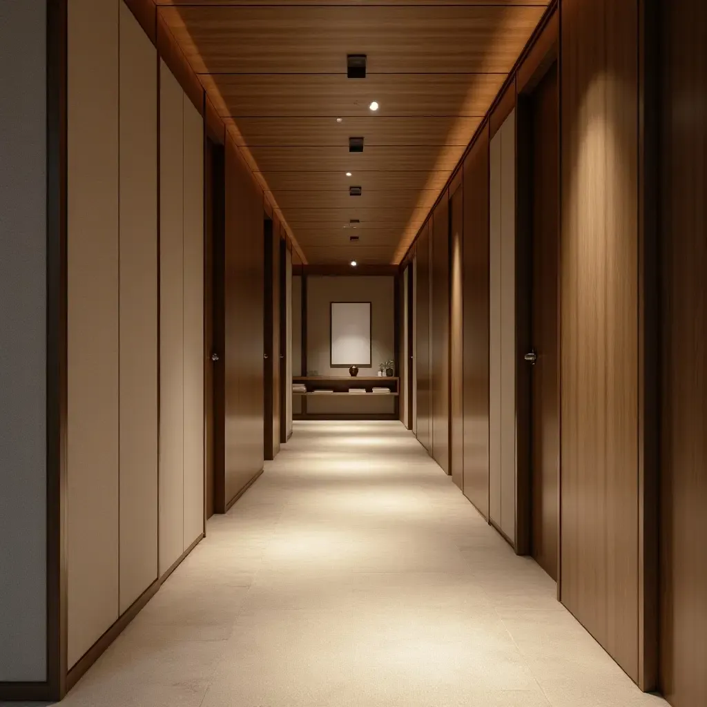 a photo of a well-designed corridor with contrasting textures of fabric, wood, and metal