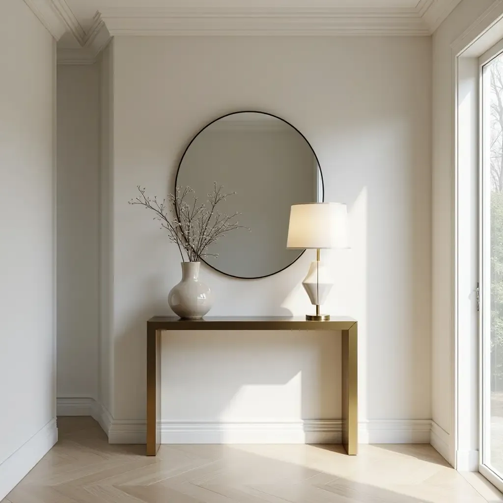 a photo of an entrance hall with a metallic console table