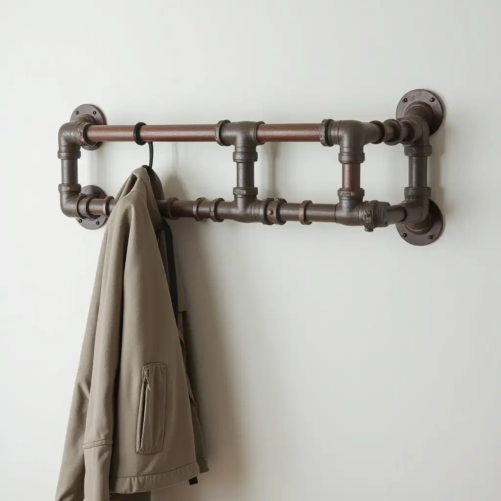 a photo of an industrial-style coat rack made of pipes