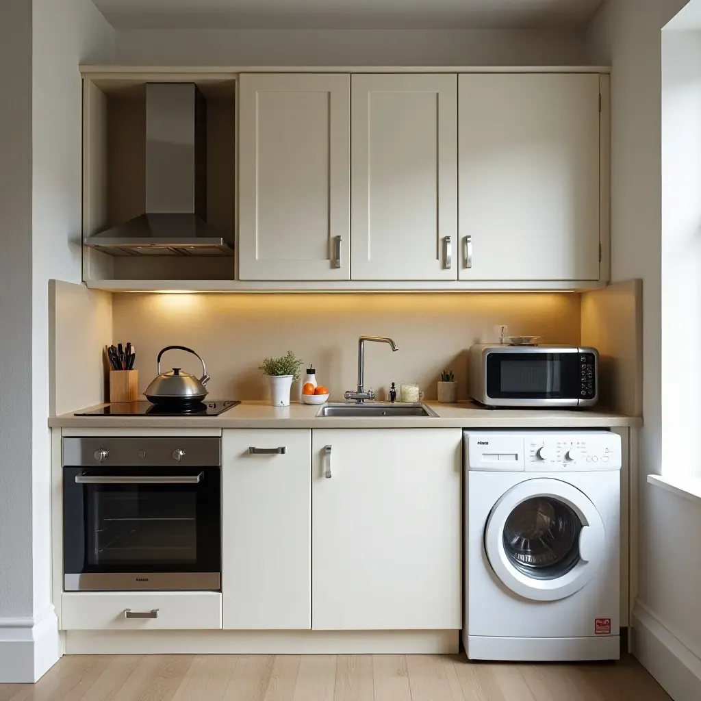 a photo of a small kitchen with a stylish backsplash and compact appliances