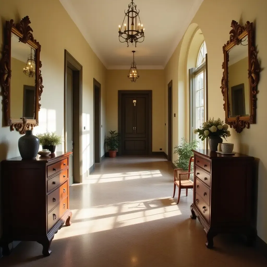 a photo of a hallway with antique furniture and soft lighting