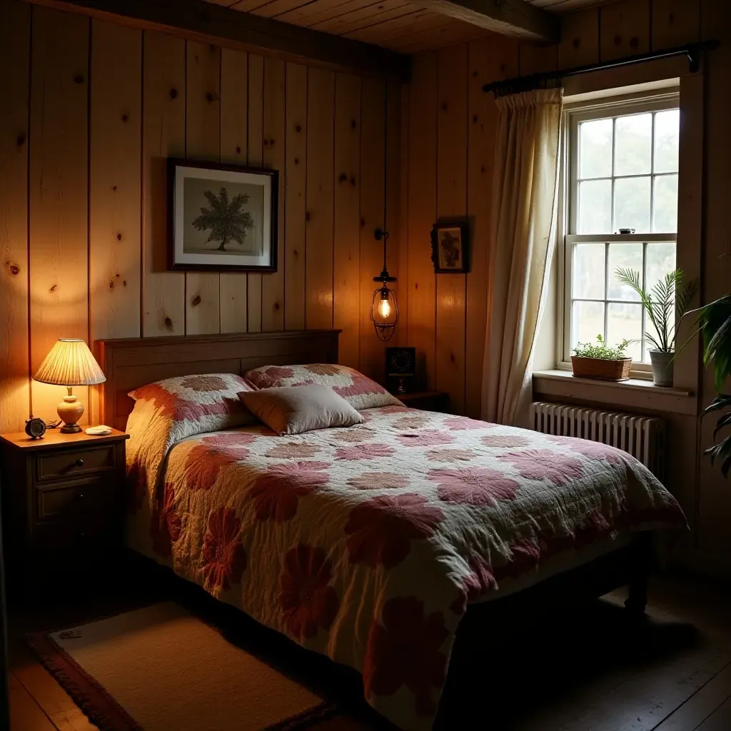 a photo of a cozy bedroom featuring a vintage quilt and rustic lighting