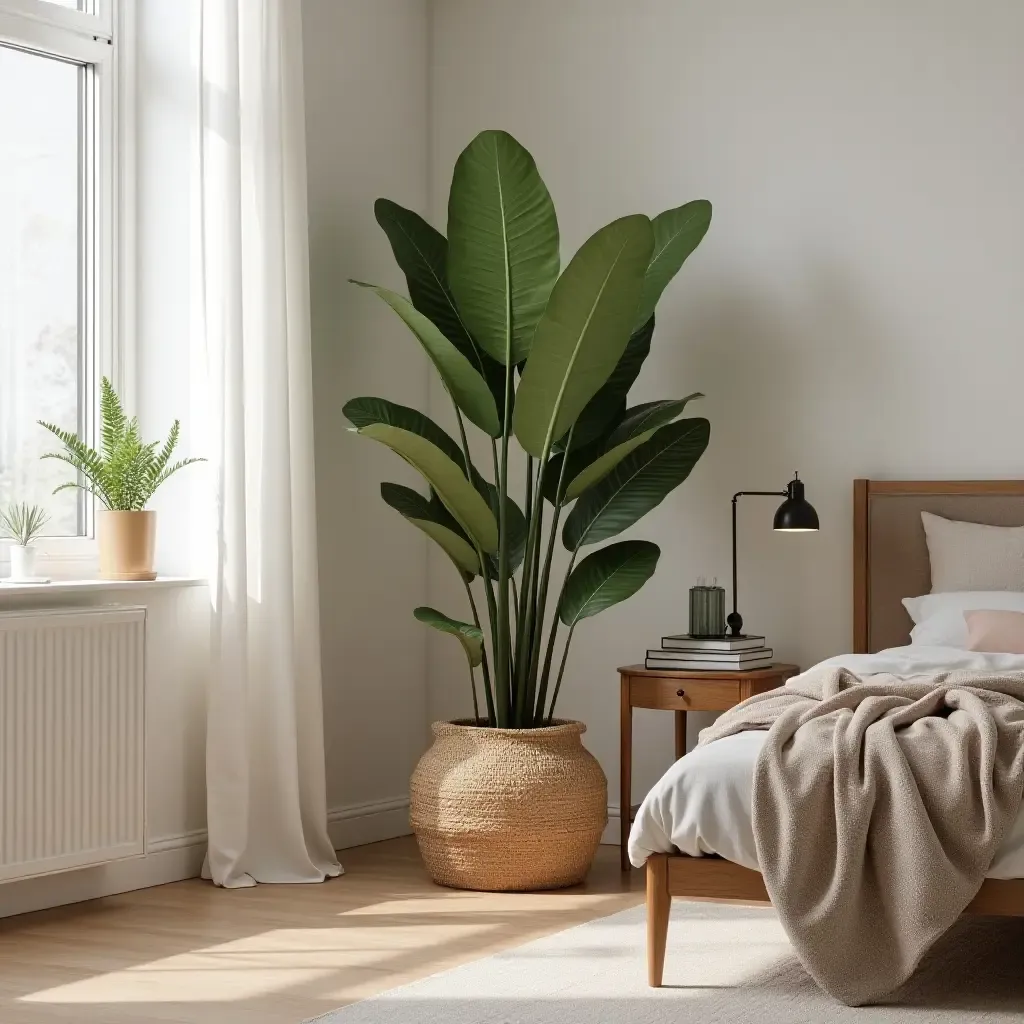 a photo of a large potted plant adding life and warmth to the bedroom corner