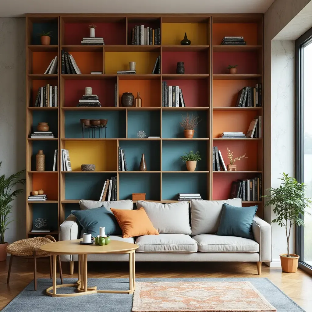 a photo of a bookshelf integrated into a wall mural with vibrant designs