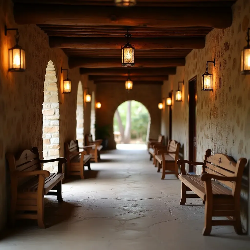 a photo of a rustic corridor featuring wooden benches and lanterns