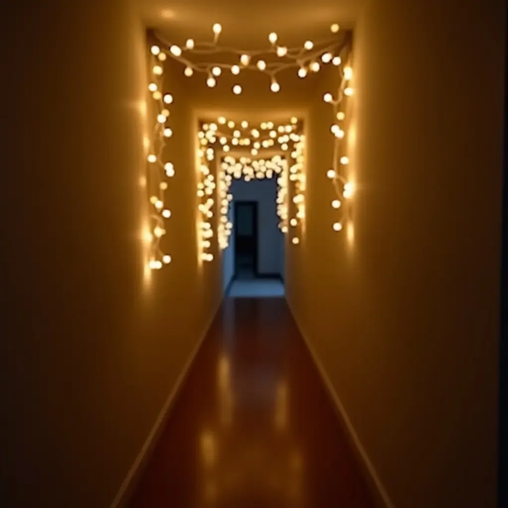 a photo of hanging fairy lights in a narrow hallway