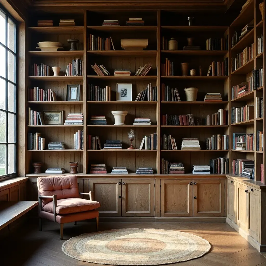 a photo of a rustic library with reclaimed wood shelves and vintage decor