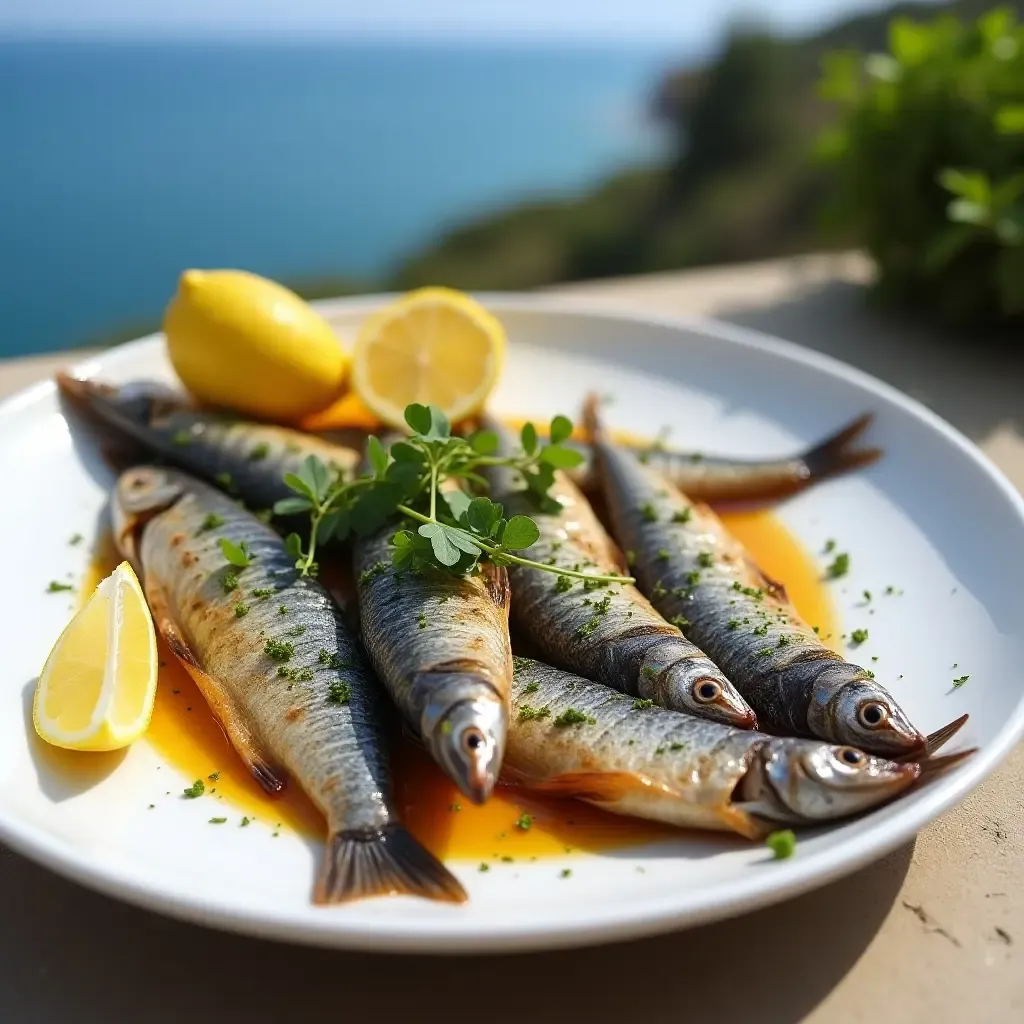 a photo of grilled sardines with lemon slices and fresh herbs, served on a coastal terrace.