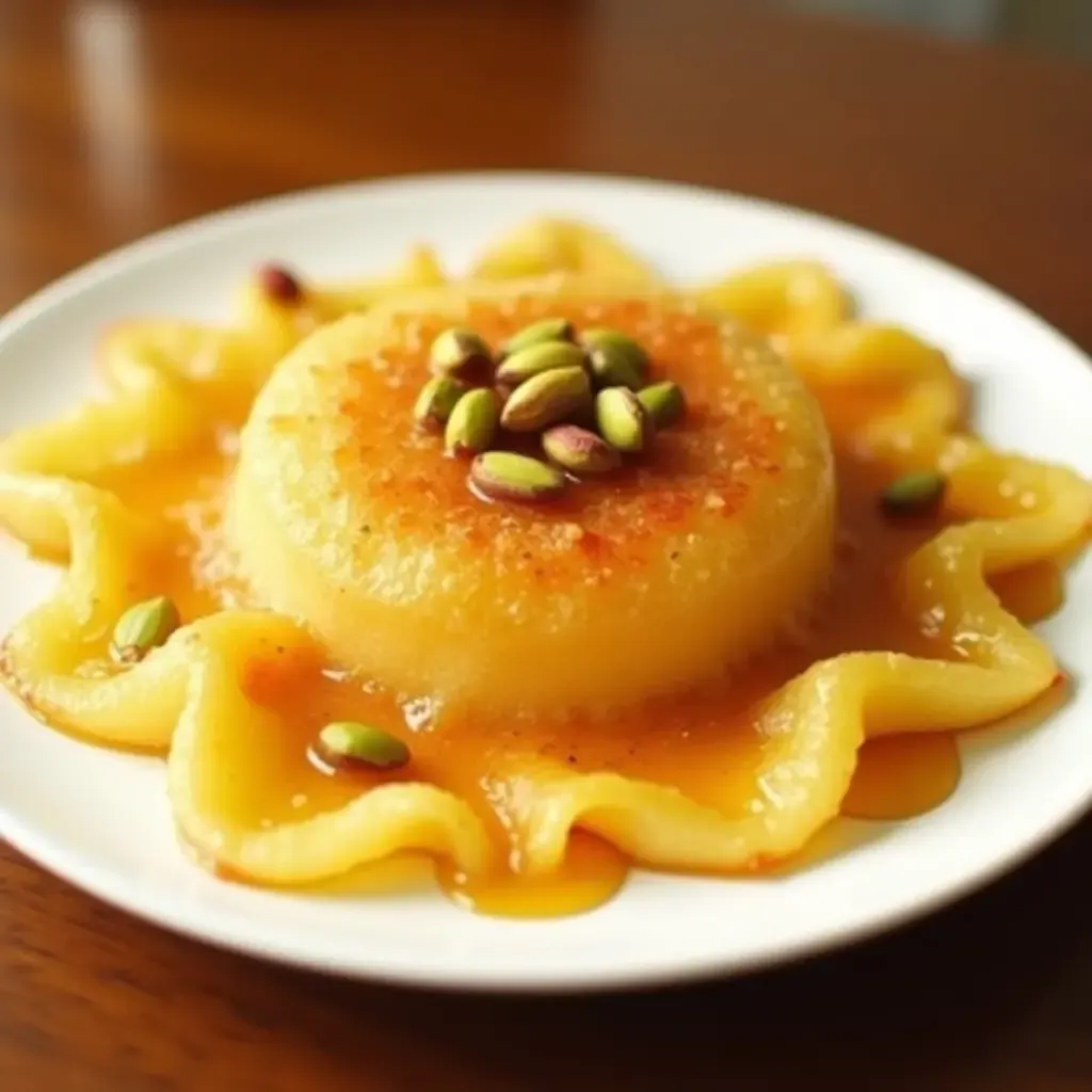 a photo of a plate of rich, golden Malpua drizzled with syrup and garnished with pistachios.