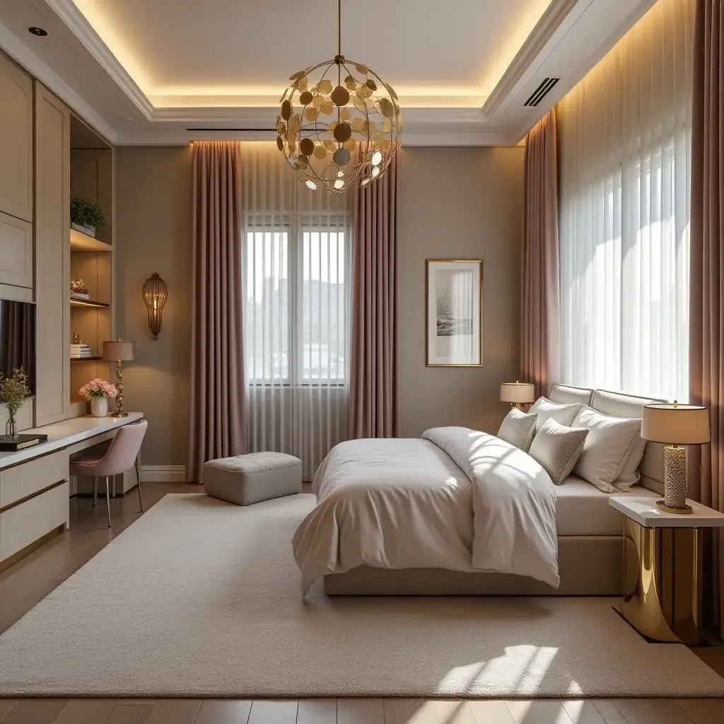 a photo of a luxurious teen room showcasing metallic accents in furniture and decor