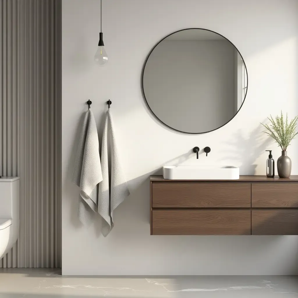 a photo of towels hanging beside a stylish sink in a chic bathroom