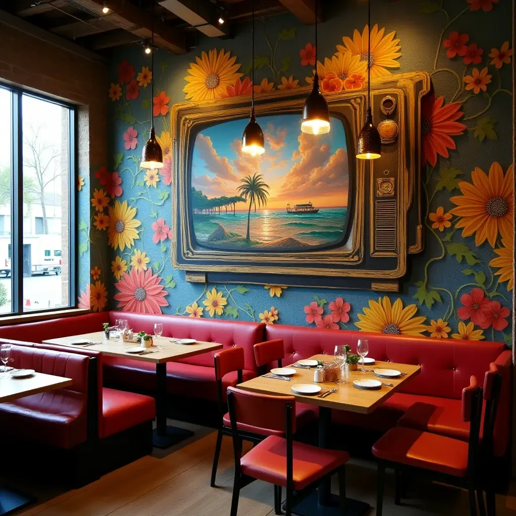 a photo of a vibrant dining area with a mural that incorporates a TV