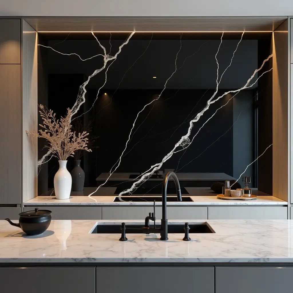 a photo of a sophisticated black marble backsplash with white veining in a luxury kitchen