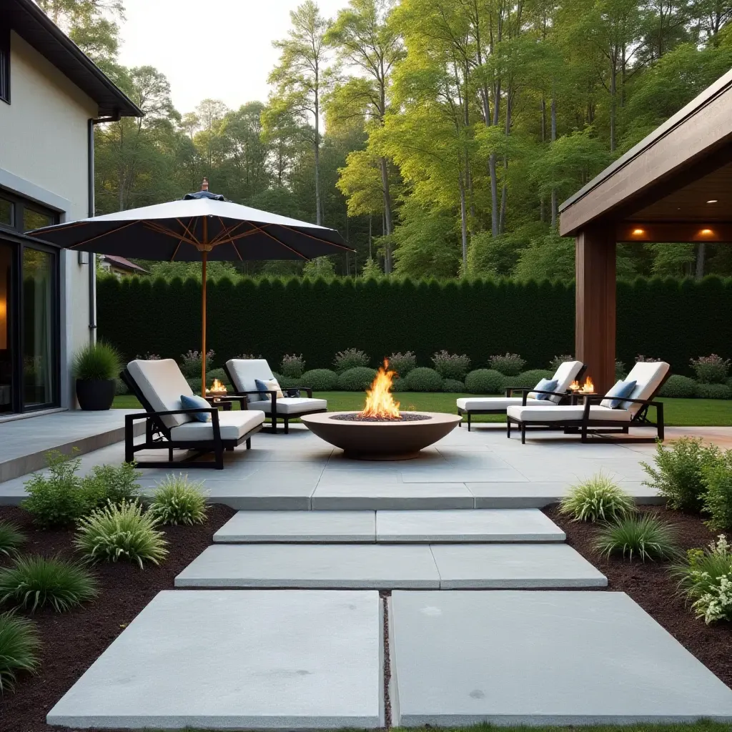 a photo of a stylish outdoor concrete patio featuring a fire pit and lounge chairs