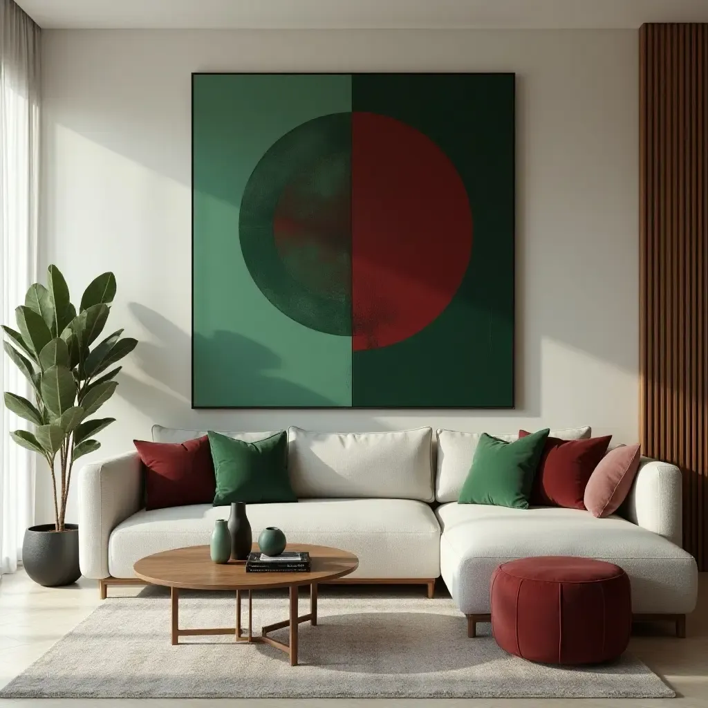 a photo of a modern living room featuring green and burgundy abstract art