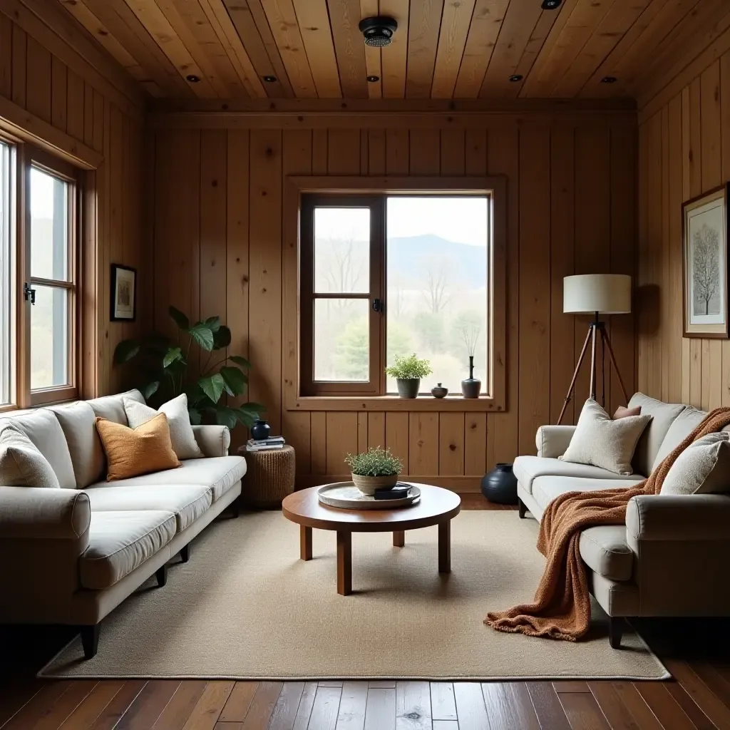 a photo of a small living room with reclaimed wood accents and cozy textiles