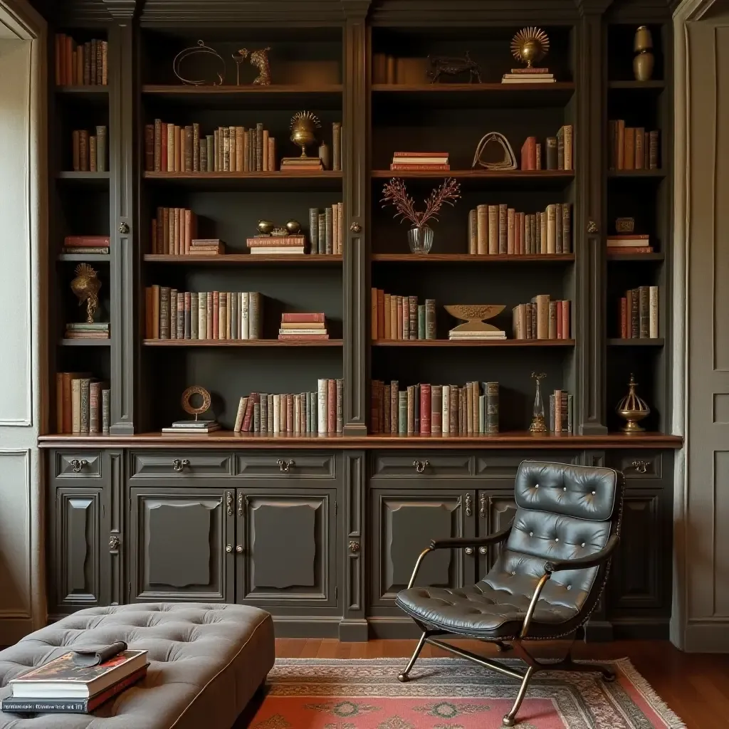 a photo of a stylish bookshelf showcasing vintage books and decor