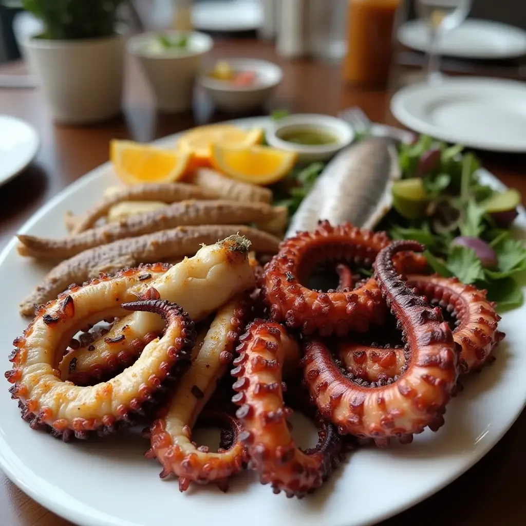 a photo of a seafood platter from the Aegean islands, featuring grilled octopus and fresh fish.