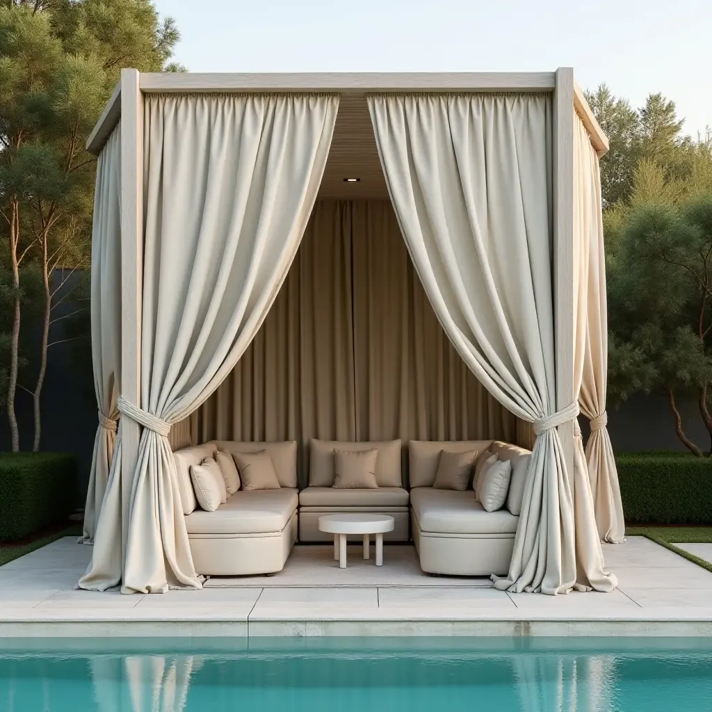 a photo of a chic cabana with plush seating and flowing curtains by the pool