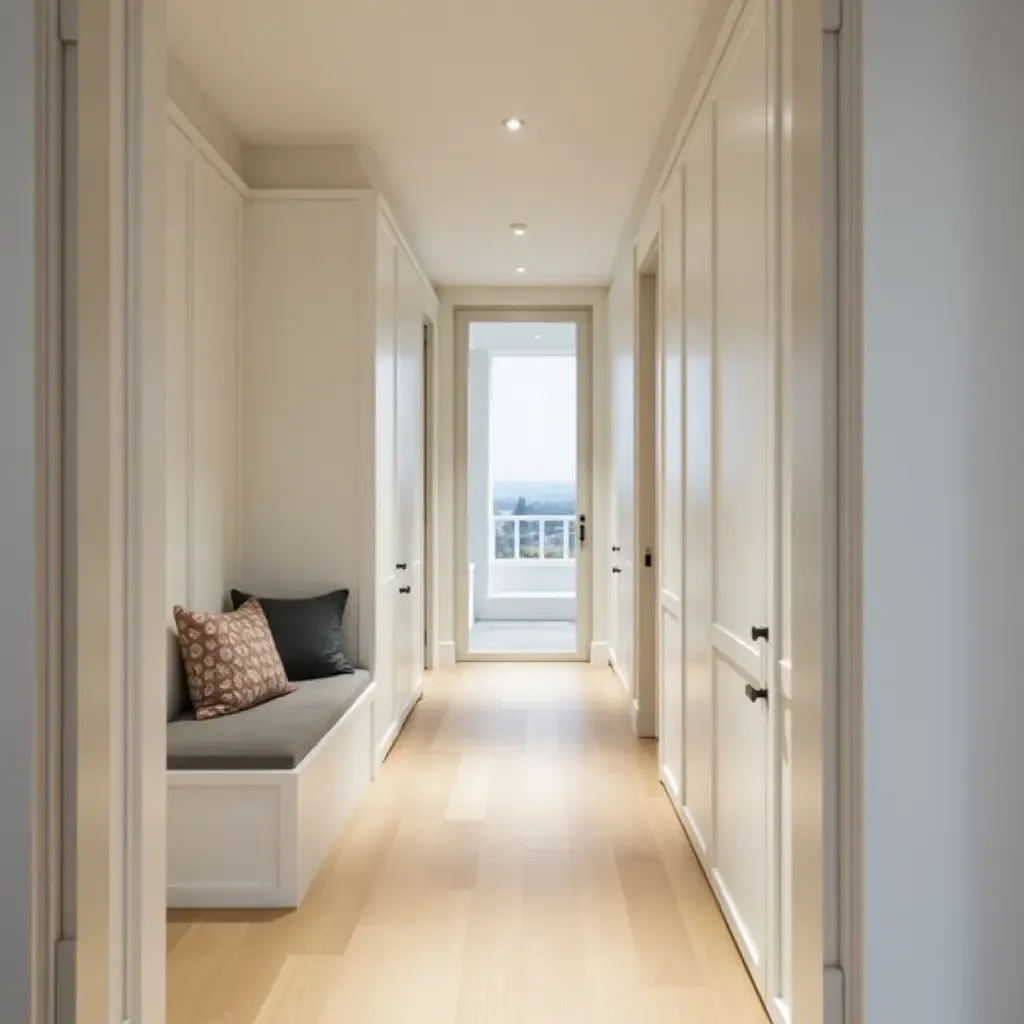 a photo of a narrow corridor with a custom built-in bench