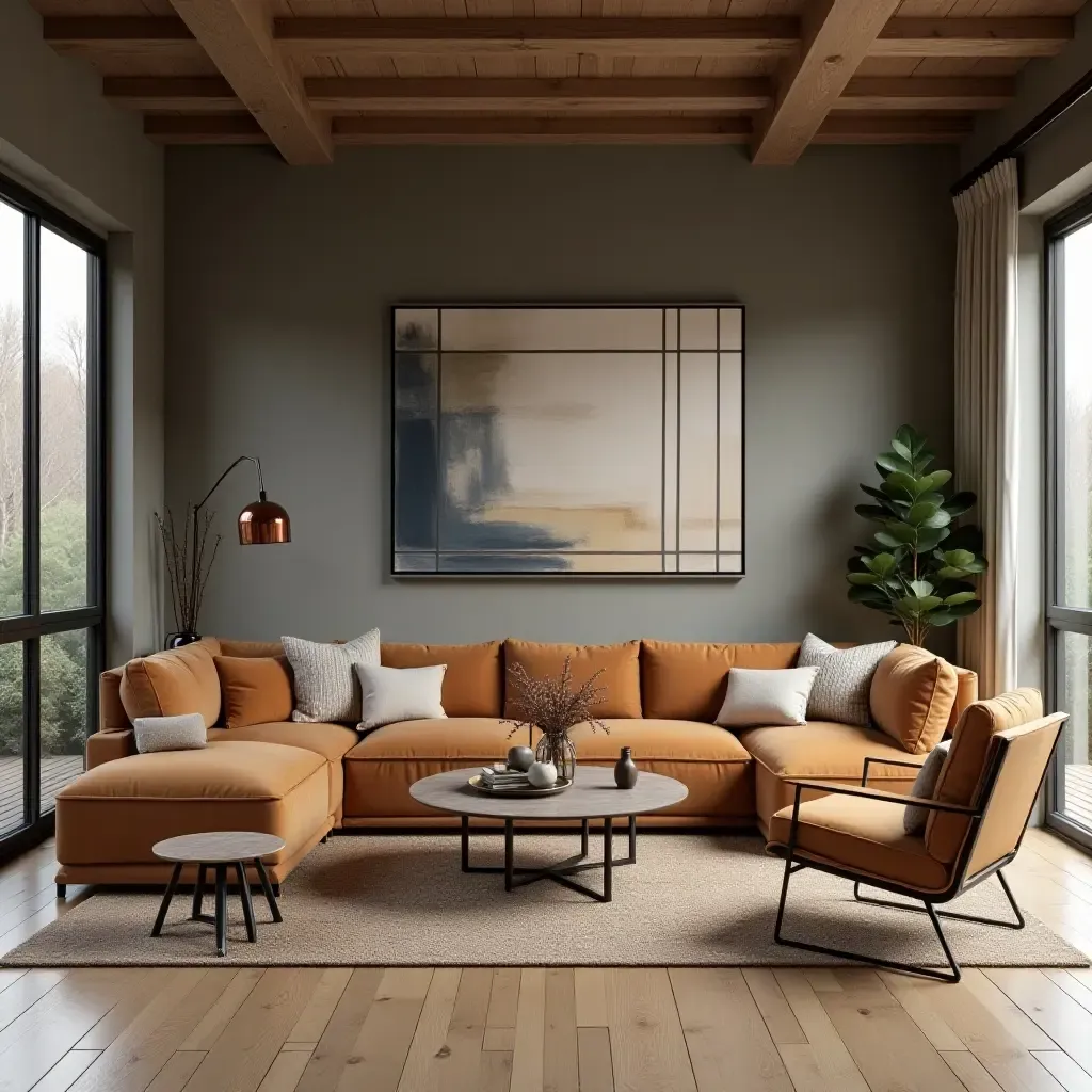 a photo of a living room featuring industrial-style furniture and warm color palettes