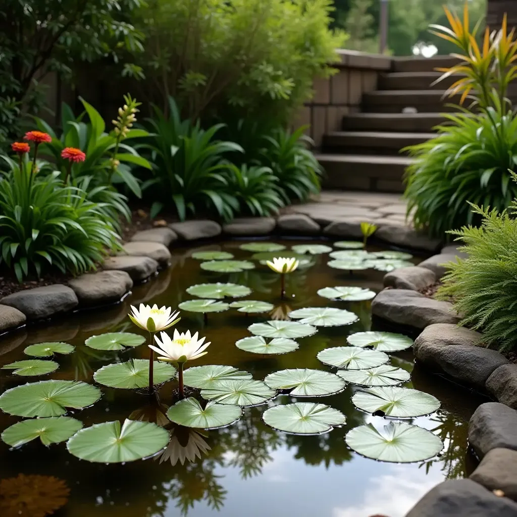 a photo of a patio with a small pond and water lilies