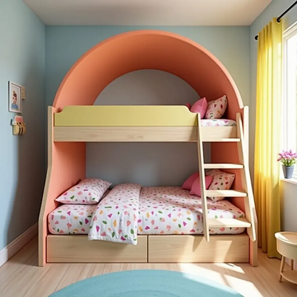 a photo of a colorful bunk bed with a rainbow theme