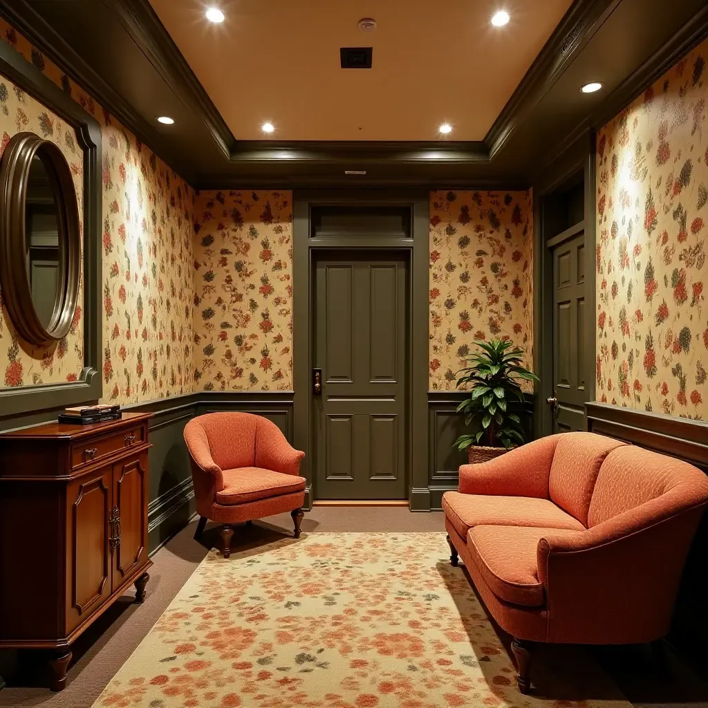 a photo of a vintage-inspired basement with retro fabric patterns, antique wood furniture, and classic metal fixtures