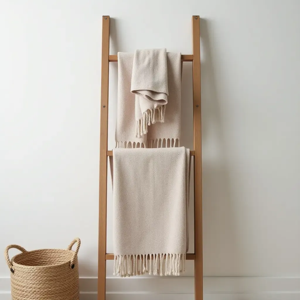 a photo of a wall-mounted ladder displaying cozy blankets