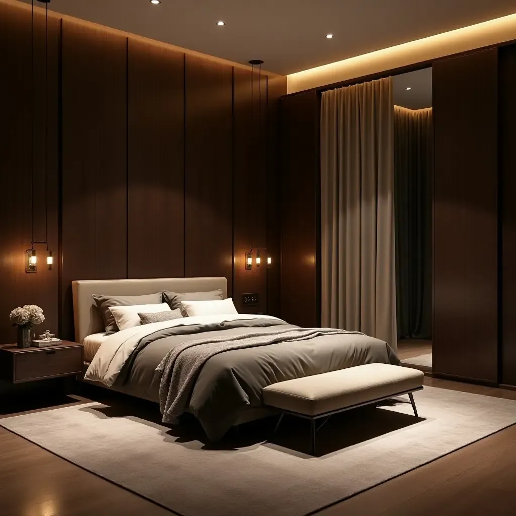 a photo of a luxurious bedroom with dark wood furniture and soft lighting