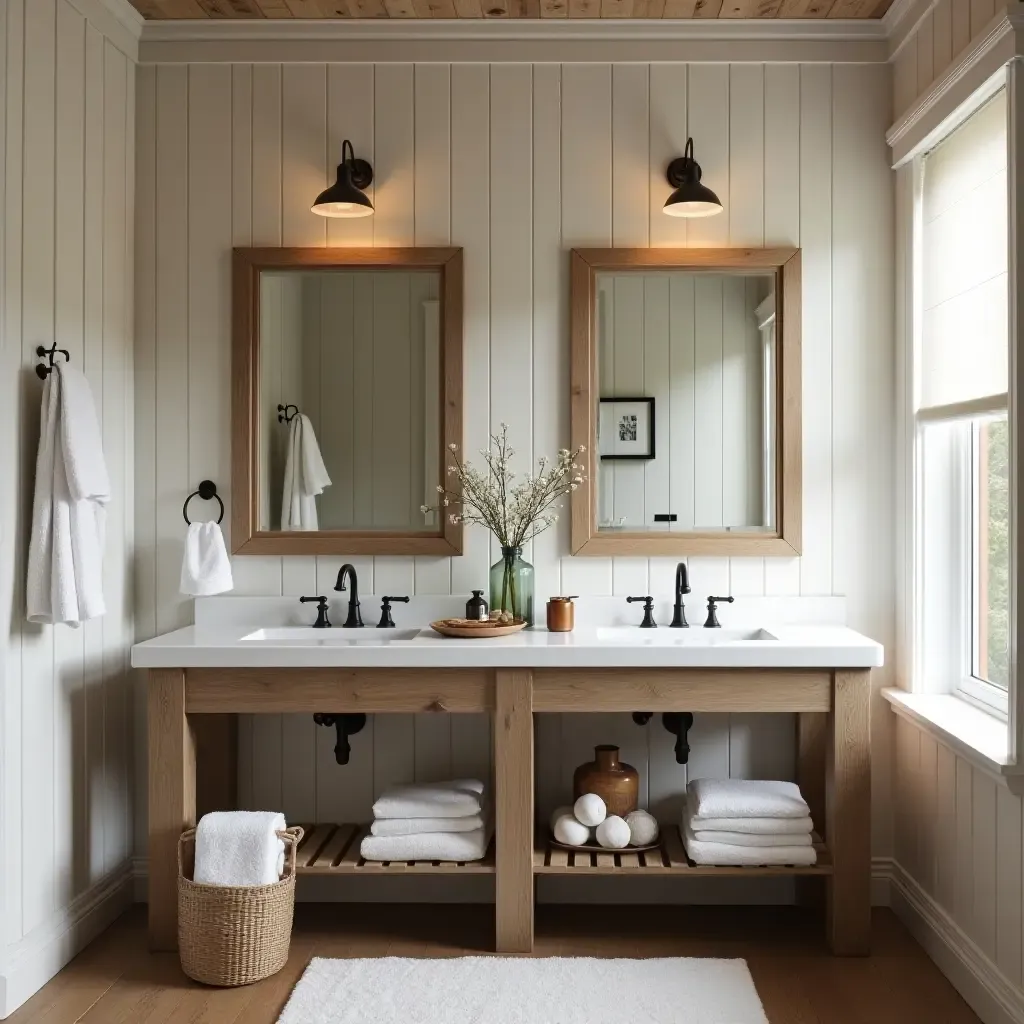 a photo of a rustic farmhouse bathroom with wooden accents and vintage decor