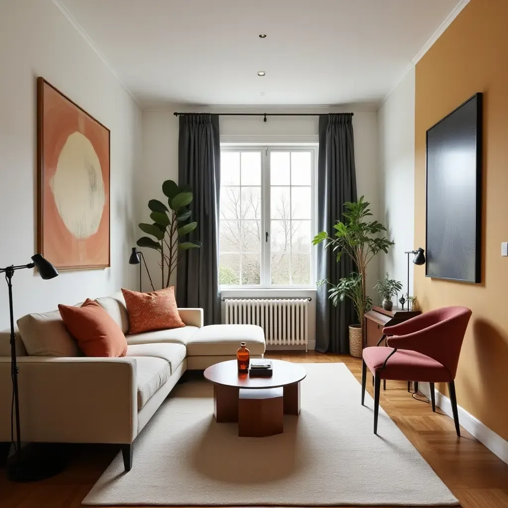 a photo of a stylish small living room dining room combo with bright color accents