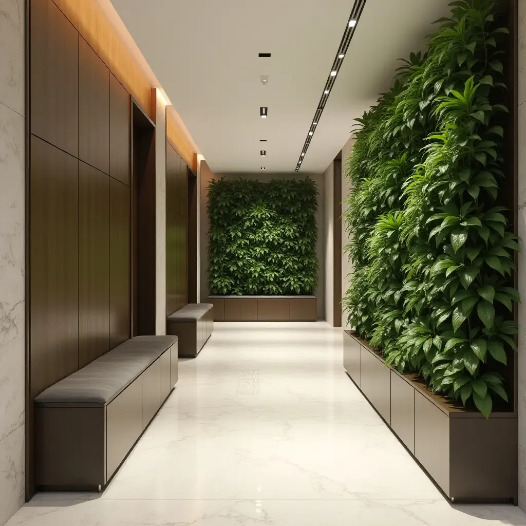 a photo of a modern corridor featuring a sleek, minimalist plant wall