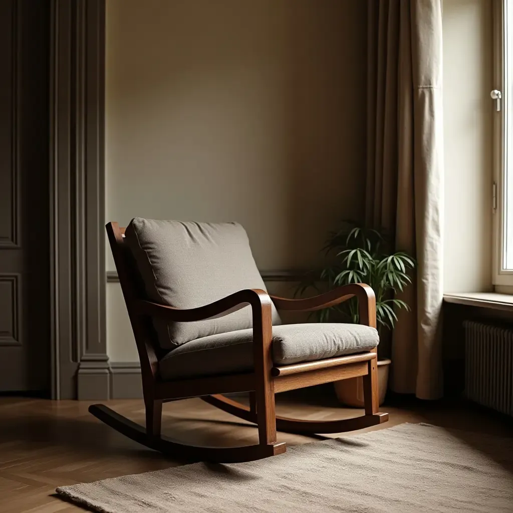 a photo of a cozy corner with a dark wood rocking chair