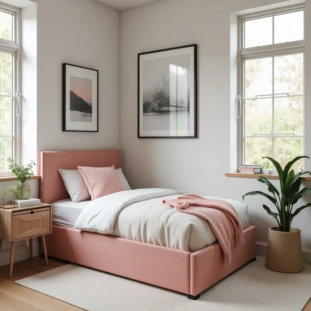 a photo of a trendy teen bedroom with a multifunctional storage ottoman