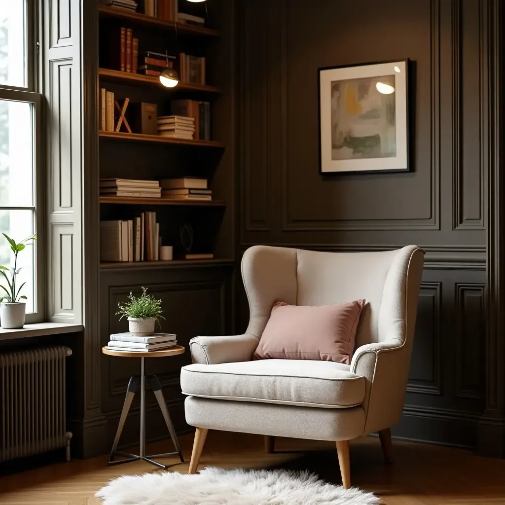 a photo of a cozy corner with a plush armchair and a bookshelf