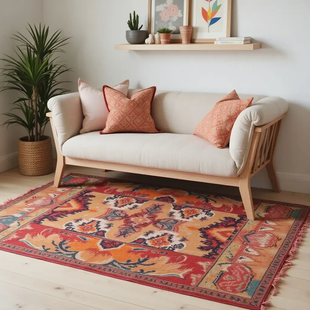 a photo of a vibrant rug that doubles as a storage solution