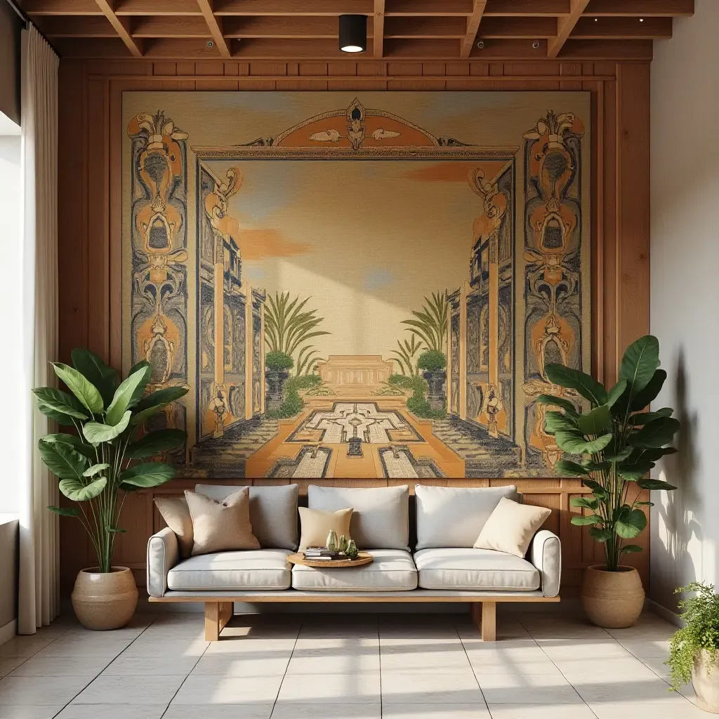 a photo of a balcony wall featuring a large tapestry