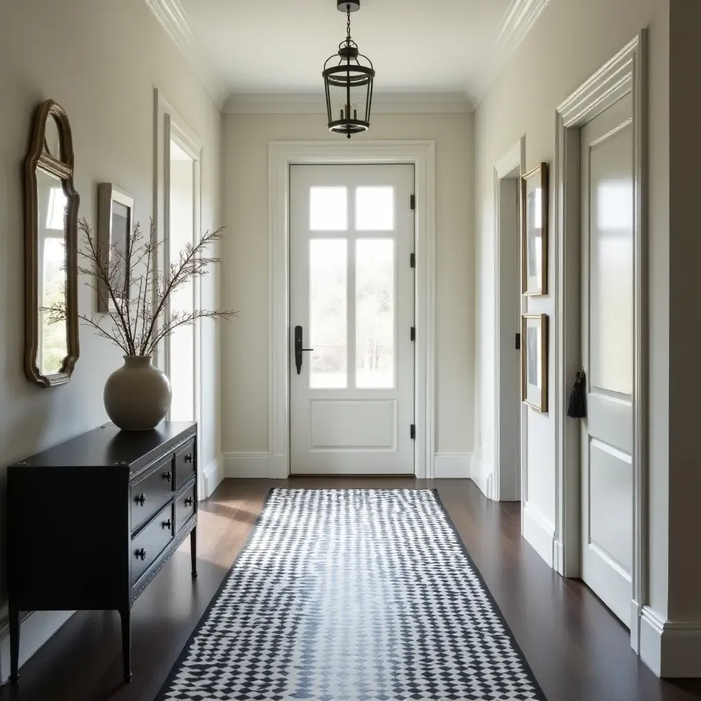 a photo of a classic black and white checkered rug in an elegant hallway