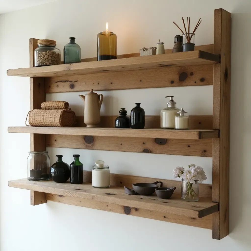 a photo of creative poolside shelving made from reclaimed wood