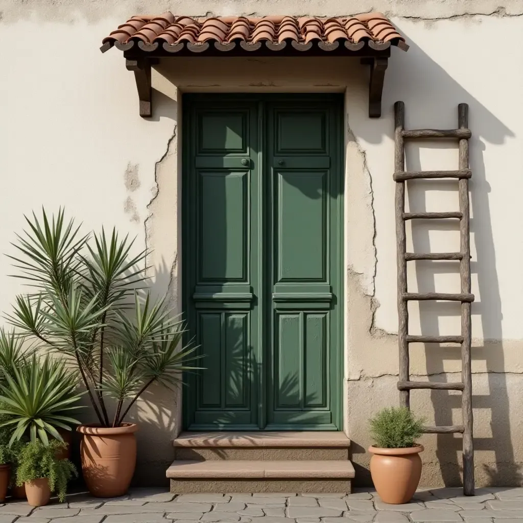 a photo of a balcony with a rustic wooden ladder as decor