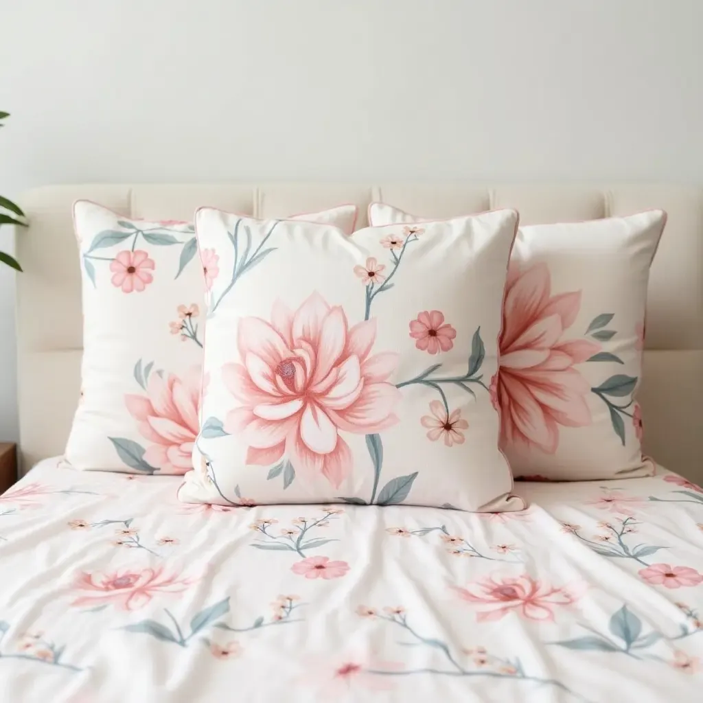 a photo of throw pillows with floral designs in a girl&#x27;s room