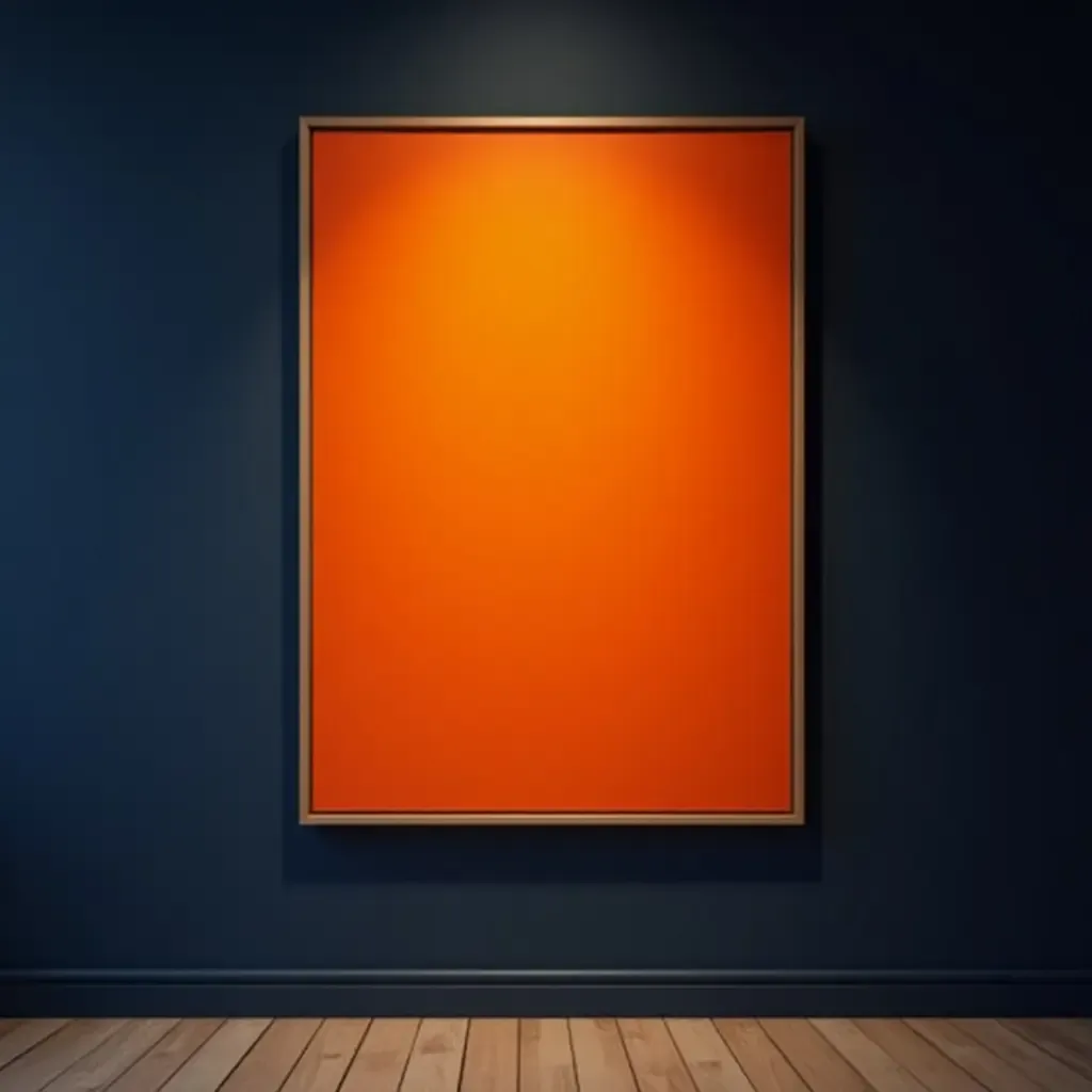 a photo of a bright orange artwork on a navy wall