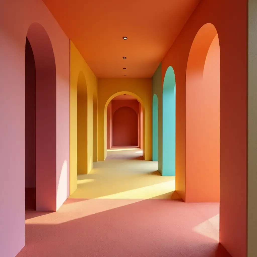 a photo of a corridor with a playful color scheme and textures