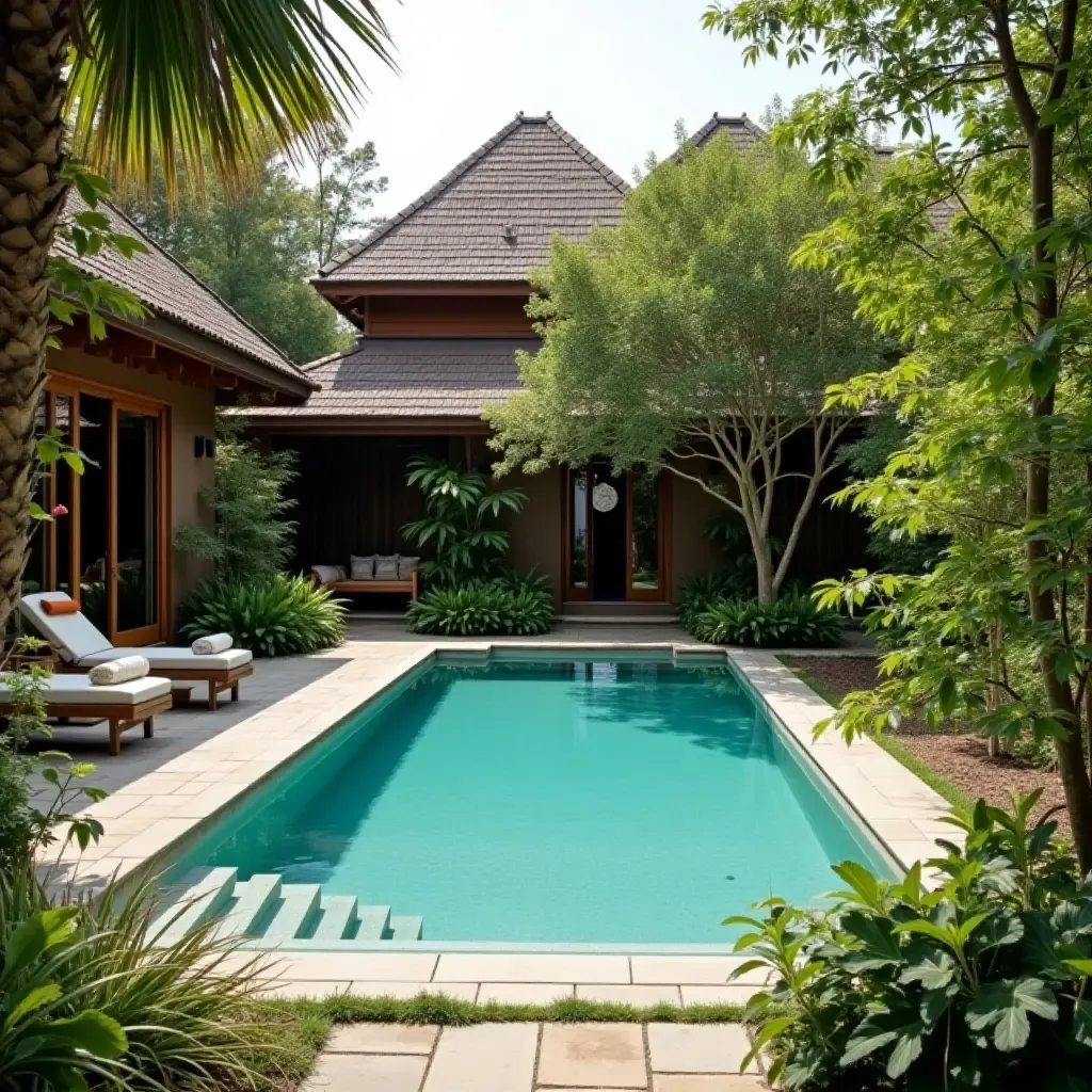 a photo of a tranquil pool area surrounded by lush greenery and rustic decor